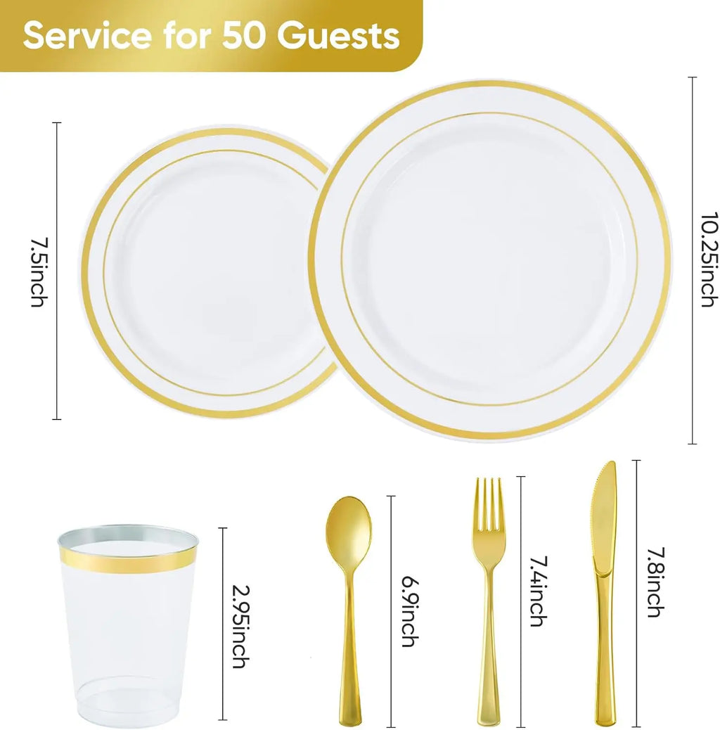350 Pieces Gold Disposable Plates for 50 Guests, Disposable Plastic Plates for Party,Wedding, Dinnerware Set of 50 Dinner Plates