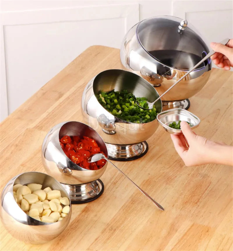 Stainless Steel Oblique mouthed Sauce Bowl with Lid Hot Pot Buffet Seasoning basket bowl Jar dish Container Salad Spherical Bowl