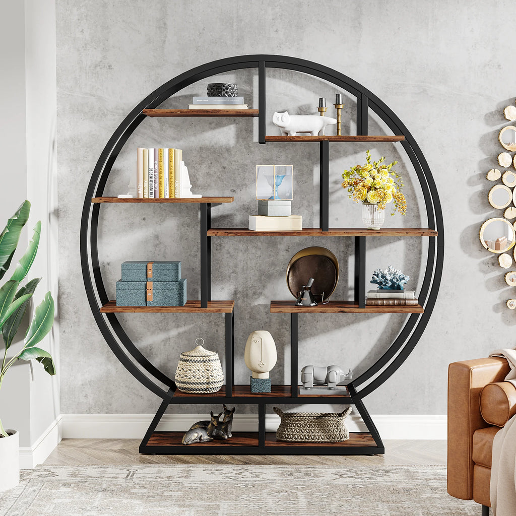 Tribesigns Bookshelf, Round Bookshelves Etagere Bookcase, 63-Inch Industrial Wood Book Shelf with Staggered Shelves