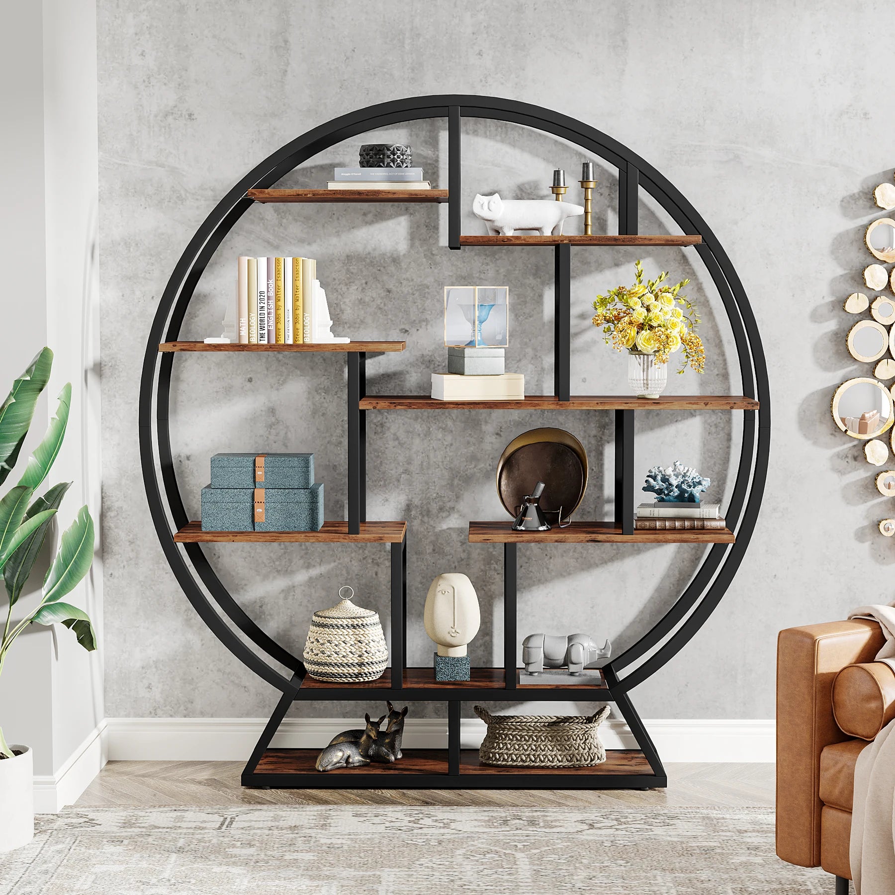 Tribesigns Bookshelf, Round Bookshelves Etagere Bookcase, 63-Inch Industrial Wood Book Shelf with Staggered Shelves
