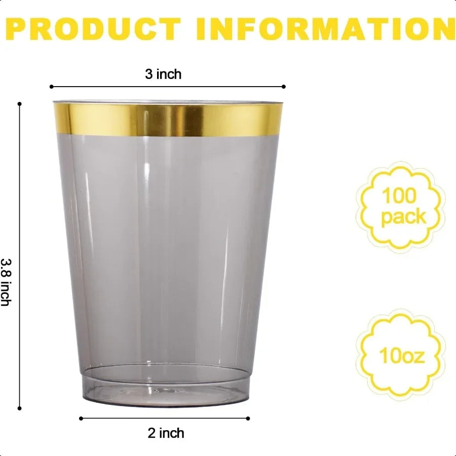 100pcs Gold and Black Plastic Cups 10oz Gold Rimmed Heavy Duty Elegant Black Cups Wedding Tumblers For Party and Birthday