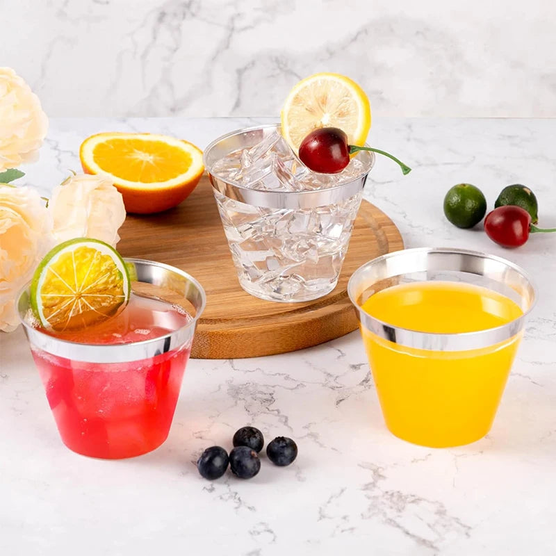 25pcs Disposable Plastic Cups Clear Champagne Flutes Silver Rim Mugs Fancy Wedding Cocktail Mug Bubble Tea Red Wine Glasses