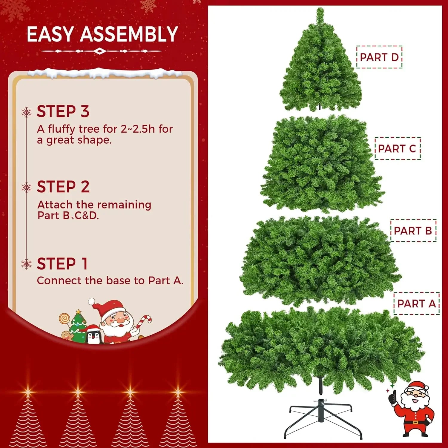 10ft Artificial Christmas Tree , Snow Flocked Full Prelighted Xmas Tree with 2084 Branch Tips, 900 Incandescent Lights