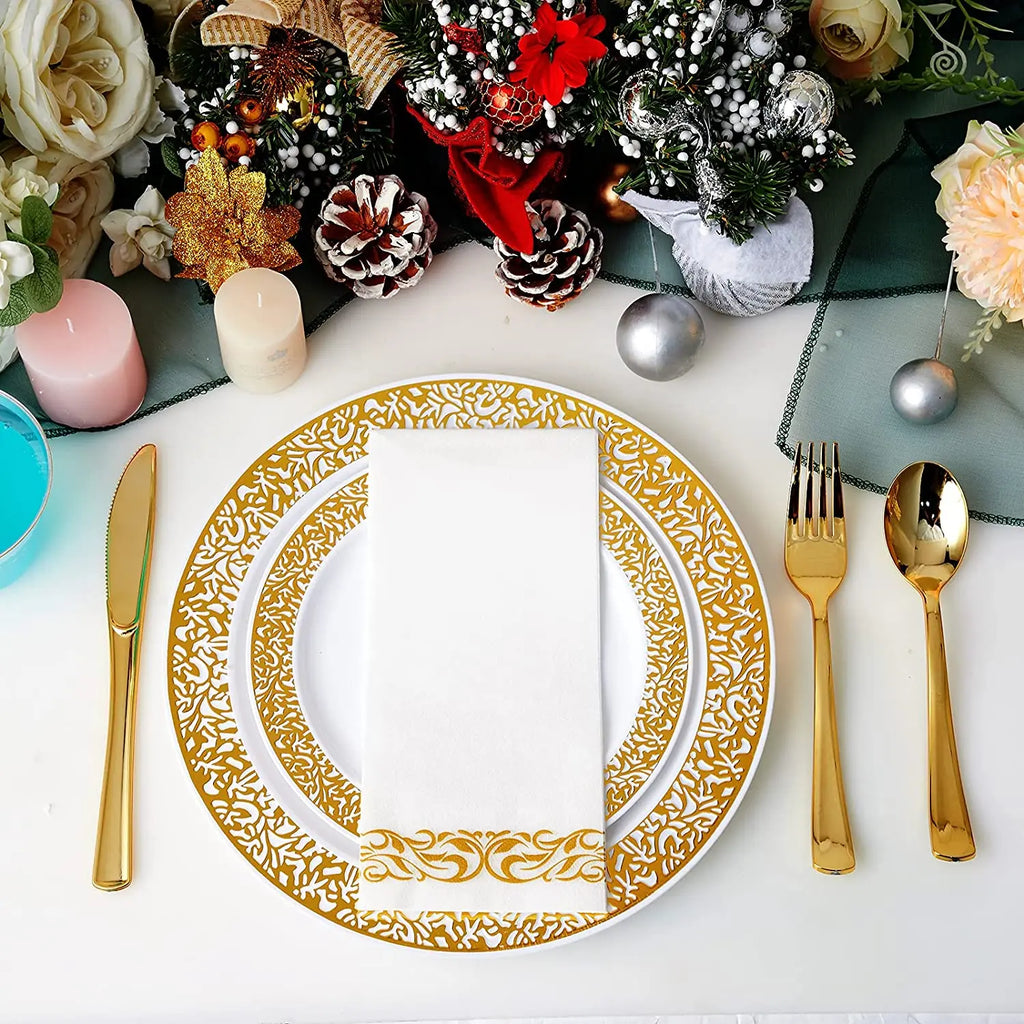 40/20pcs Gold Plastic Plates,Party Dinner Plates and Salad/Dessert Plates Combo,Heavy Duty Plastic Plates for Parties Wedding