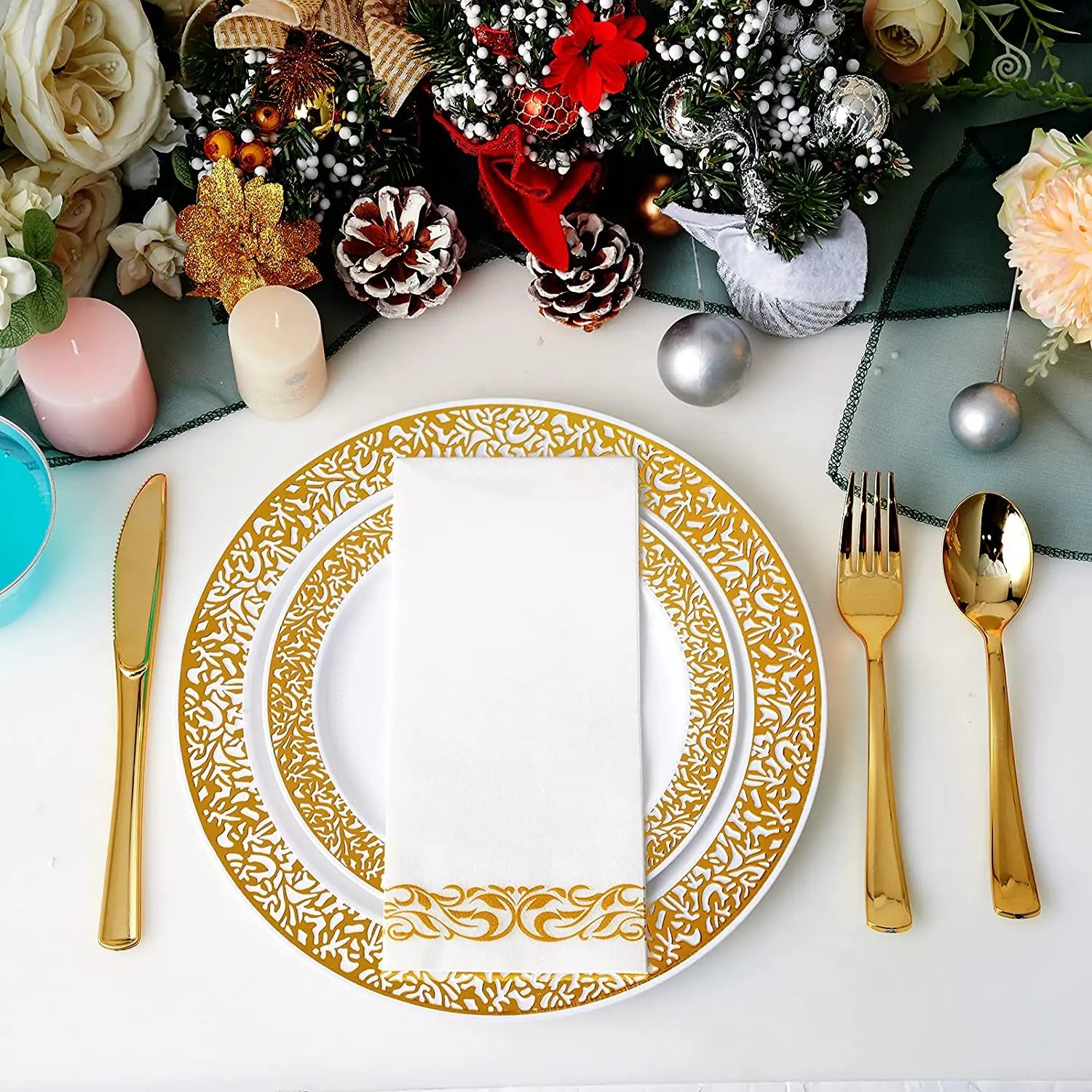 40/20pcs Gold Plastic Plates,Party Dinner Plates and Salad/Dessert Plates Combo,Heavy Duty Plastic Plates for Parties Wedding