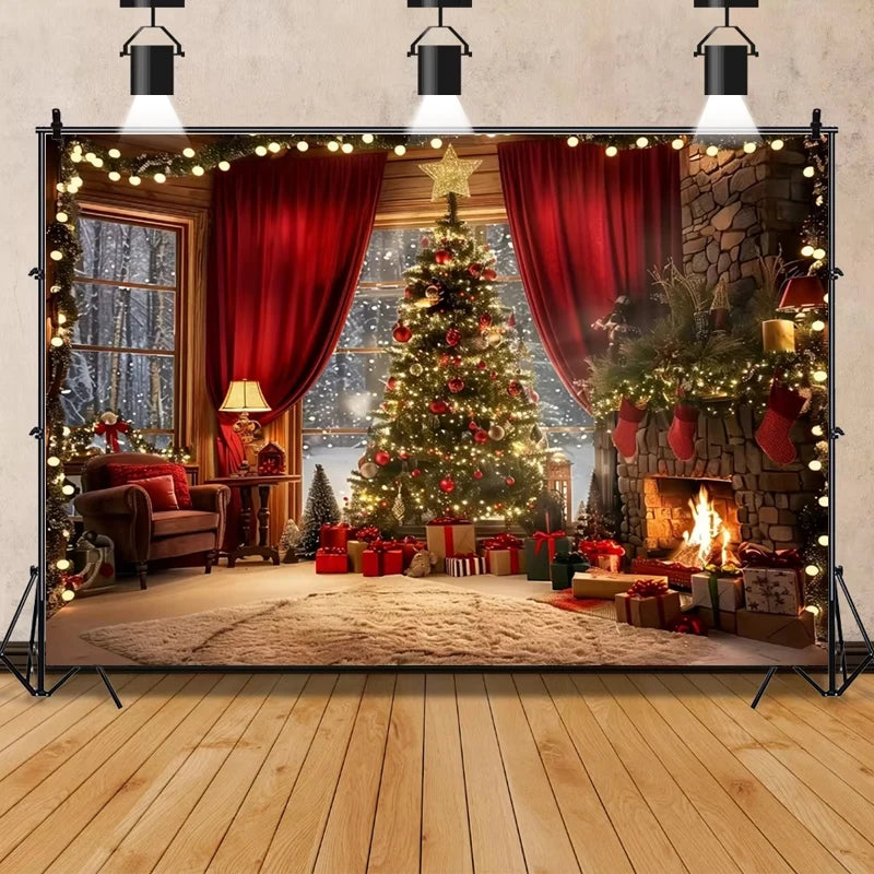 Christmas tree and fireplace  background, suitable for holiday photos and decorations, universal bannersBackground decoration