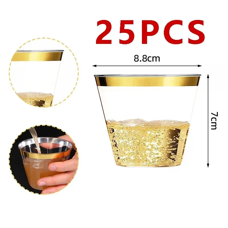 25pcs Disposable Plastic Cups Clear Champagne Flutes Silver Rim Mugs Fancy Wedding Cocktail Mug Bubble Tea Red Wine Glasses