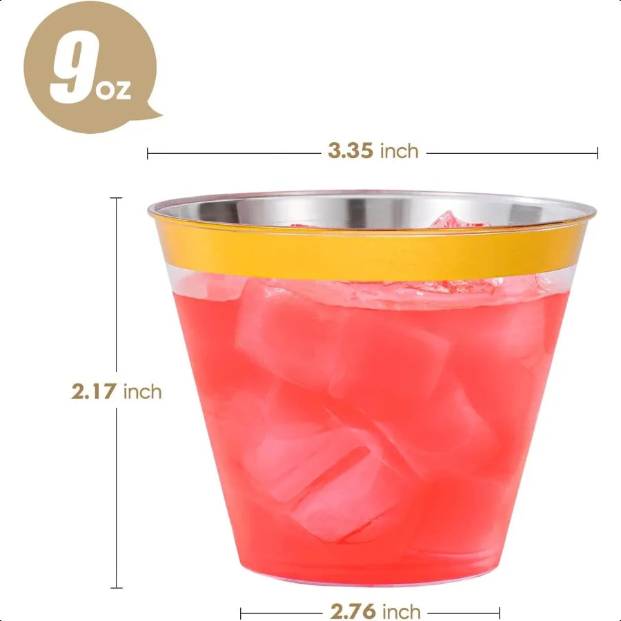50PCS Gold Plastic Cups 9 oz Clear with Metallic Gold Rim  Cups Elegant Plastic Tumblers Fancy Party Cups