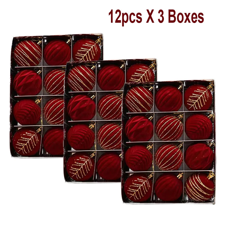 12/16pcs 6cm Wine Red Christmas Ball Ornaments Flocking Christmas Tree Party Decoration New Year Christmas Spheres Pendant Balls