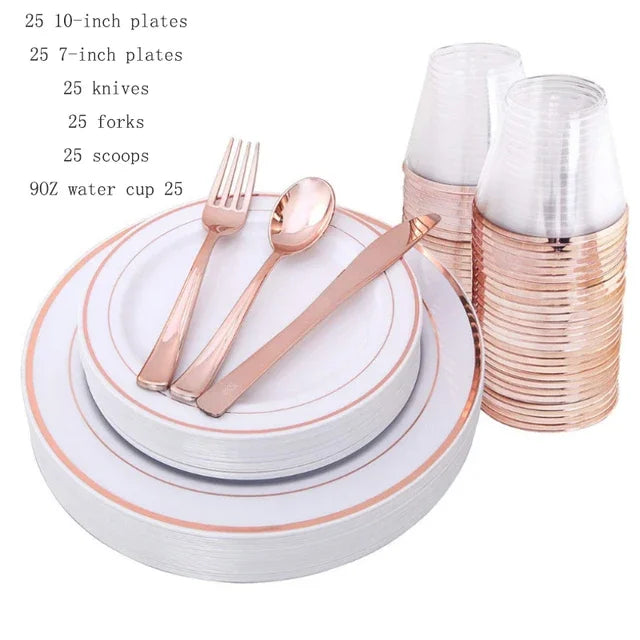 25 People Party The Number Of Suitable Golden Plastic Party Disposable  Tableware For Birthday Party Decor Cake Plastic Plates