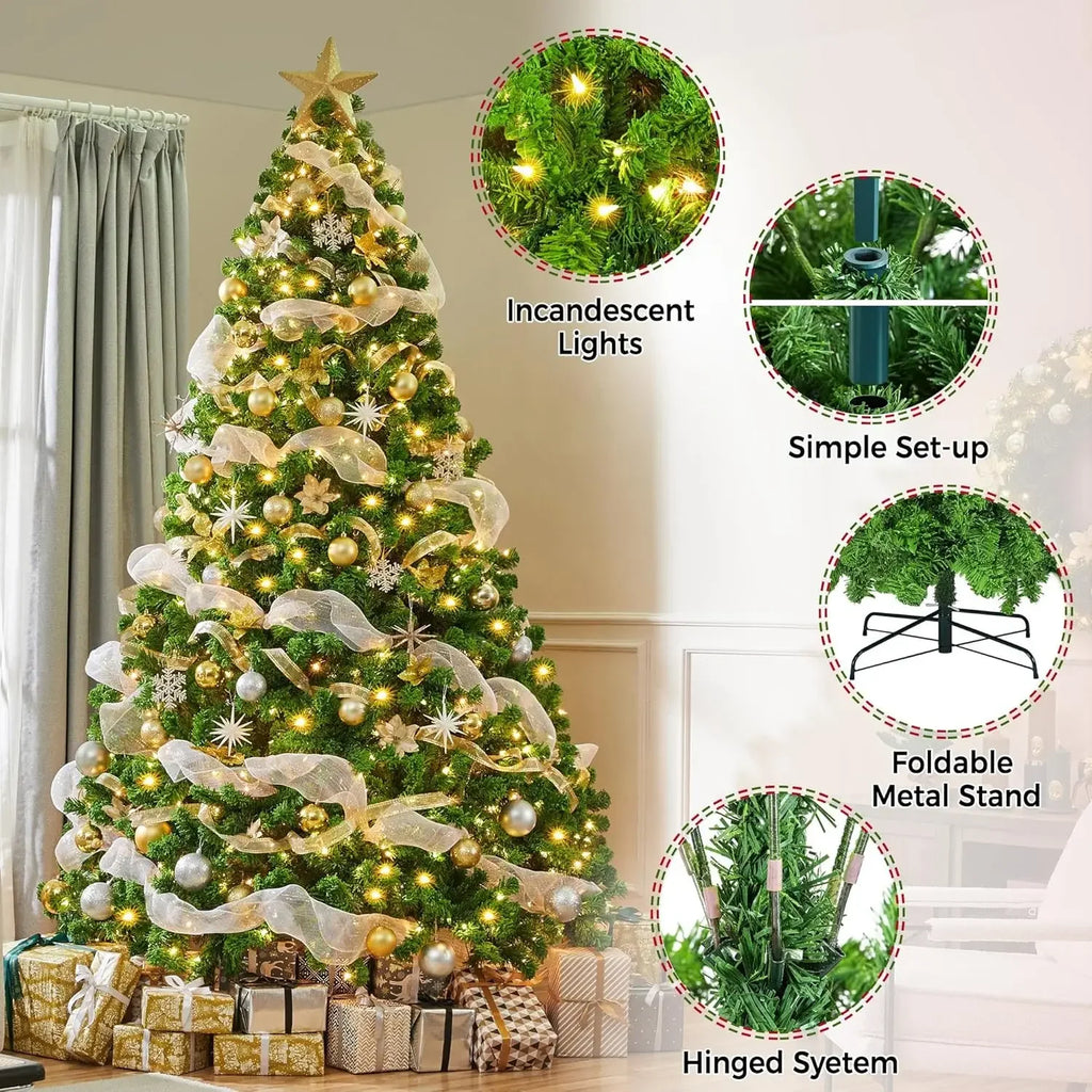 10ft Artificial Christmas Tree , Snow Flocked Full Prelighted Xmas Tree with 2084 Branch Tips, 900 Incandescent Lights