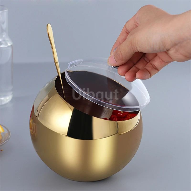 Stainless Steel Oblique mouthed Sauce Bowl with Lid Hot Pot Buffet Seasoning basket bowl Jar dish Container Salad Spherical Bowl