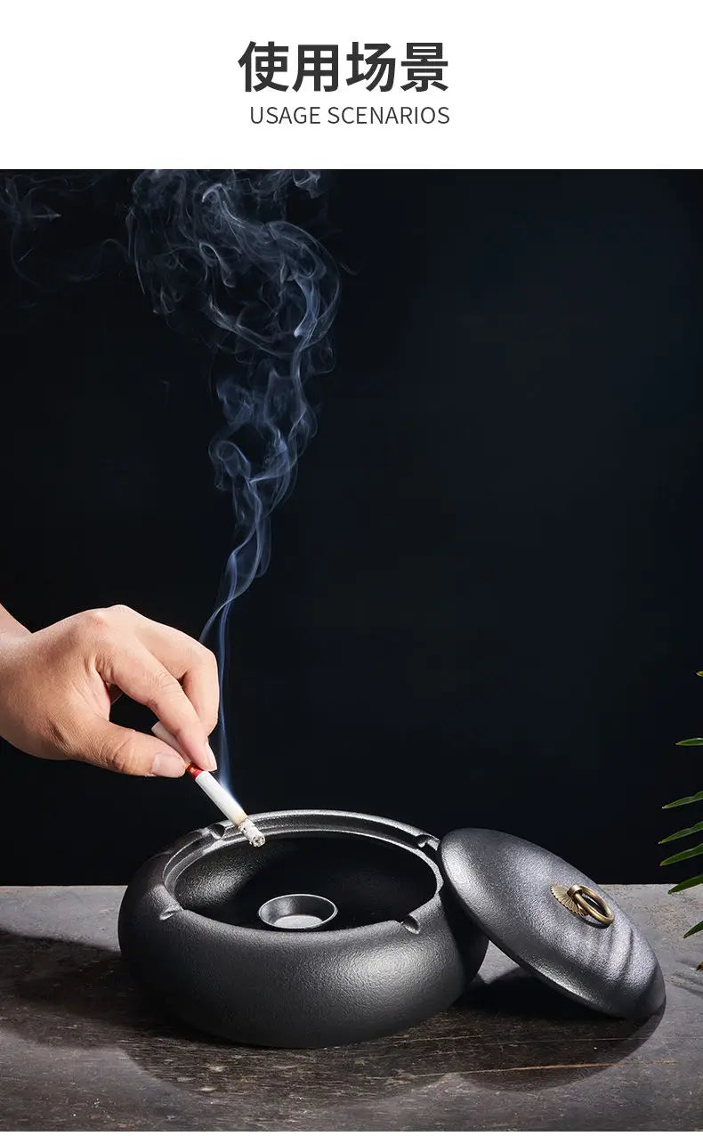 Creative Black Matte Ceramic Ashtray with Lid Indoor Wind & Ash Resistant Car Ashtray Portable Ceramic Ashtray Home Decoration