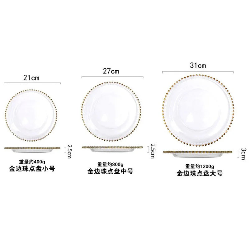 Golden Beads Round Glass Plate Art Dessert Fruit Plate Wedding Display Tray Household Transparent Cooking Dishes Tableware New