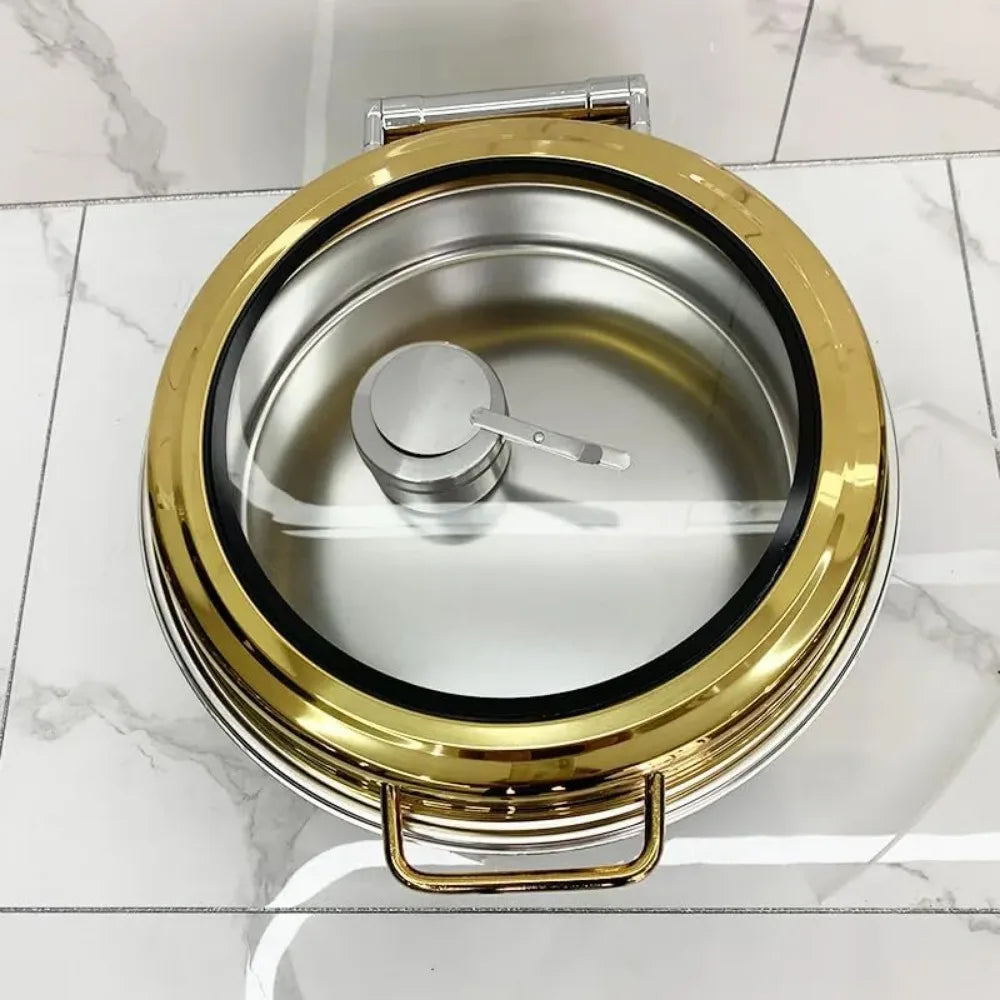 1 Pack 6.8-Quart Gold Round Chafing Dishes, Stainless Steel Chafers and Buffet Warmers Sets w/Water Pan, Food Pan, Fuel Holder a
