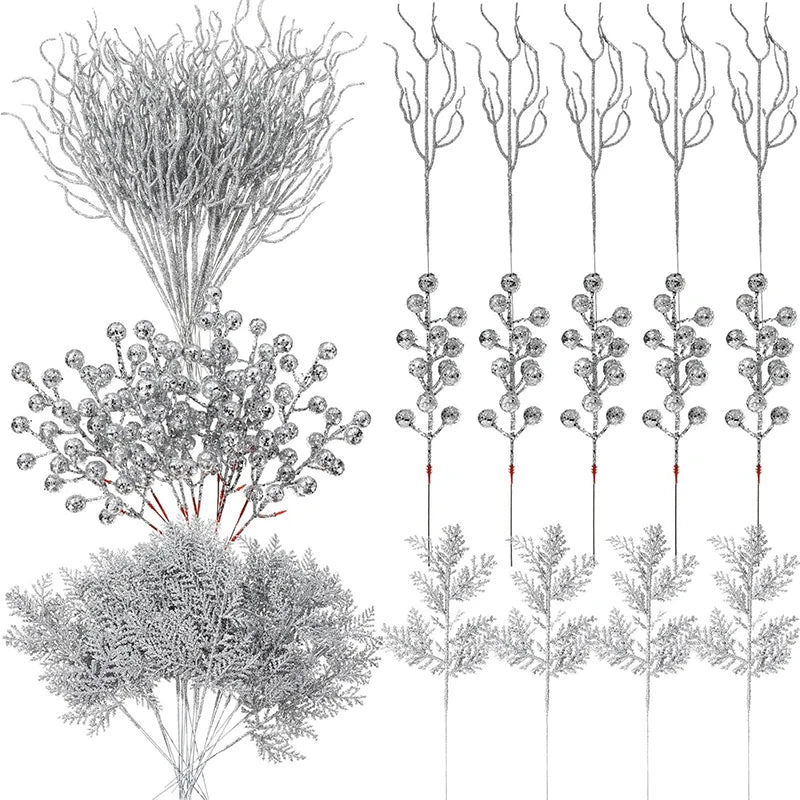 10Pc Glitter Branches Artificial Foam Berry Stalk Pine Needle Branch for Christmas Tree Ornament Home Decor DIY Wreath Supplies