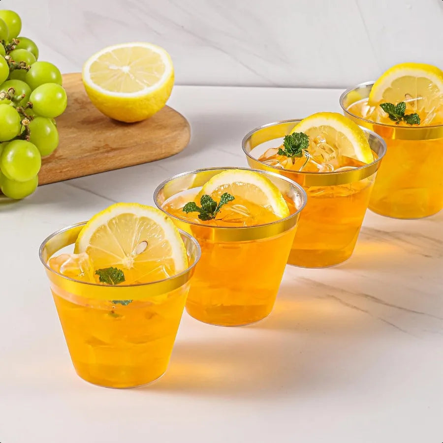 50PCS Gold Plastic Cups 9 oz Clear with Metallic Gold Rim  Cups Elegant Plastic Tumblers Fancy Party Cups