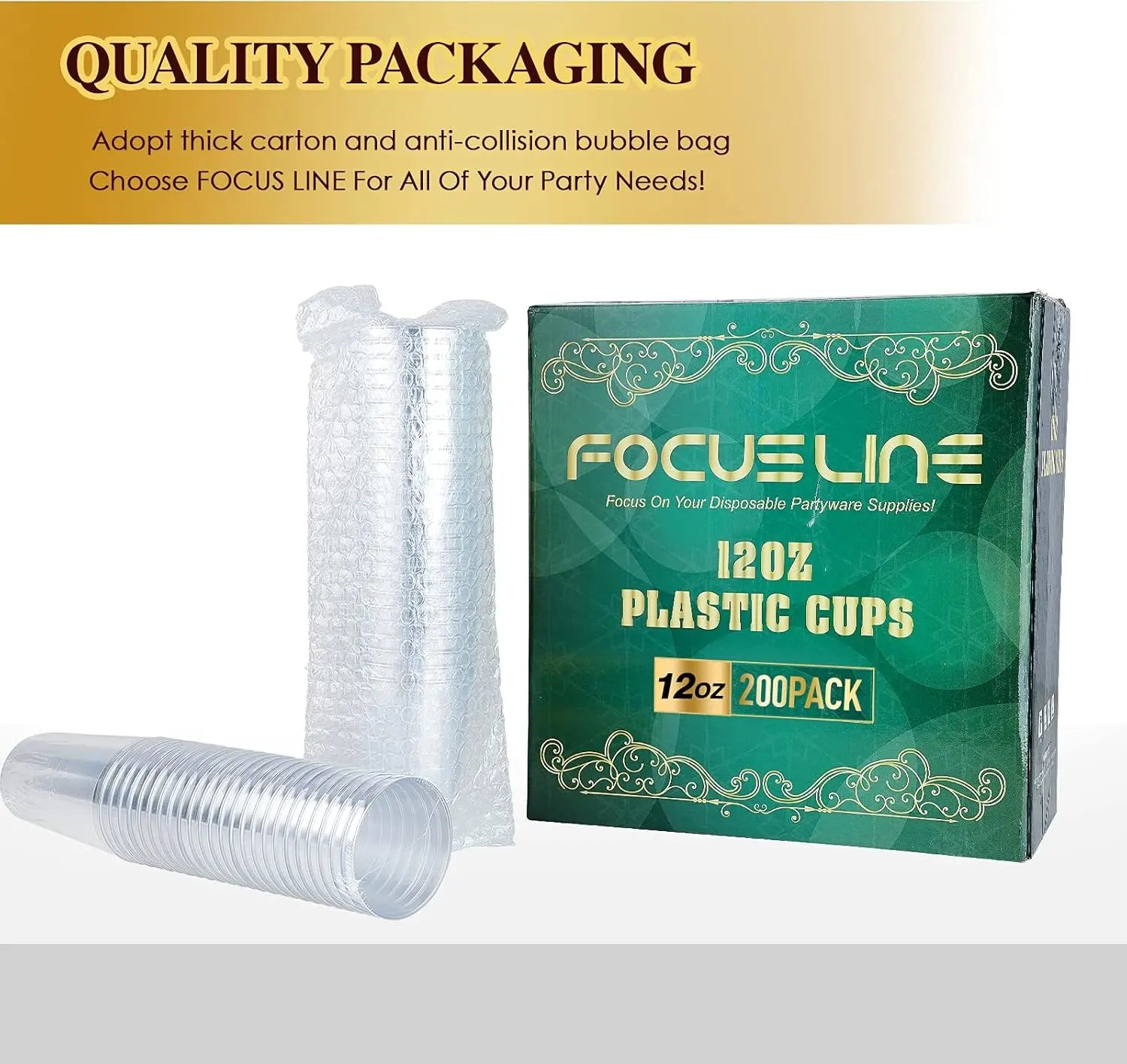 200 Pack 12 oz Silver Rimmed Plastic Cups, Clear Plastic Cup 12 Ounce Tumblers, Heavy-duty & Fancy Disposable Cups with