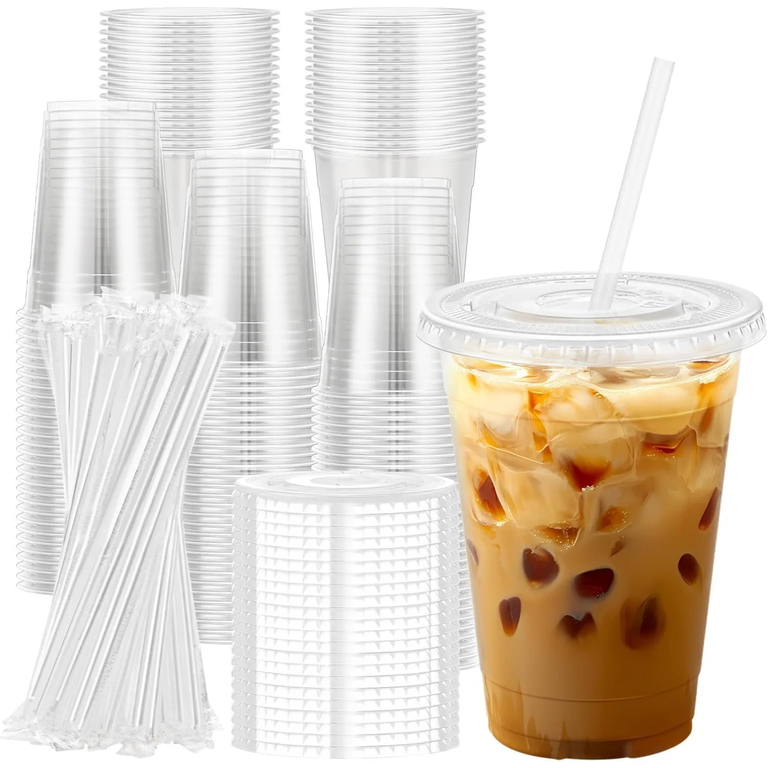 10-100 Pack 16 oz Clear Plastic Cups with Lids and Straws Disposable Coffee Cups with Lids for Iced Coffee Smoothies Drinks