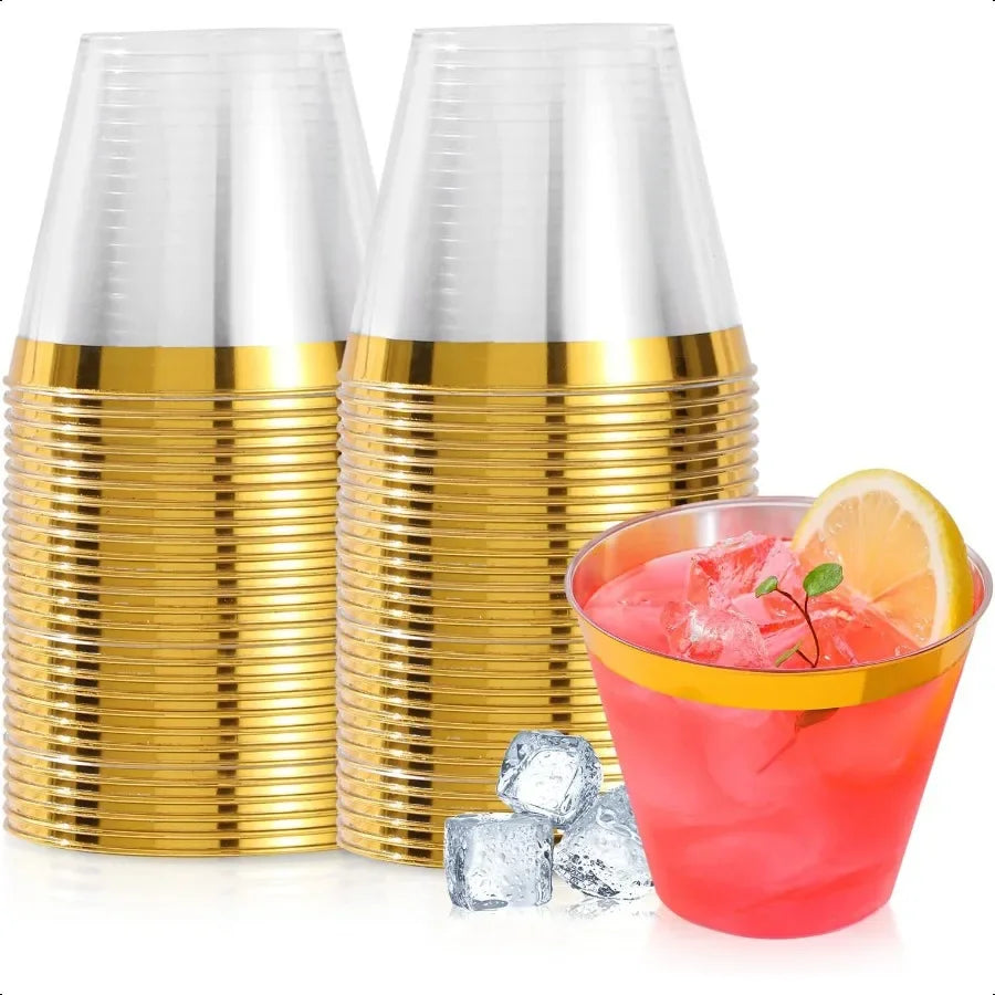 50PCS Gold Plastic Cups 9 oz Clear with Metallic Gold Rim  Cups Elegant Plastic Tumblers Fancy Party Cups
