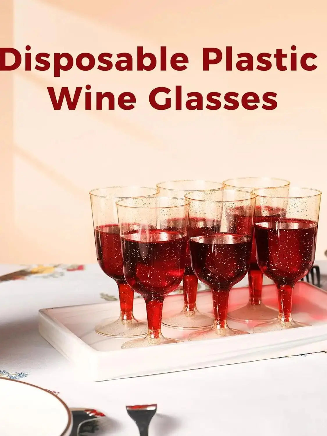6oz Plastic Wine Glasses – Disposable Gold Glitter Mini Stemware with Removable Base for Weddings, Parties, Champagne, Toasting