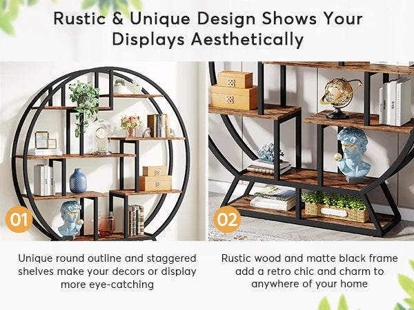 Tribesigns Bookshelf, Round Bookshelves Etagere Bookcase, 63-Inch Industrial Wood Book Shelf with Staggered Shelves