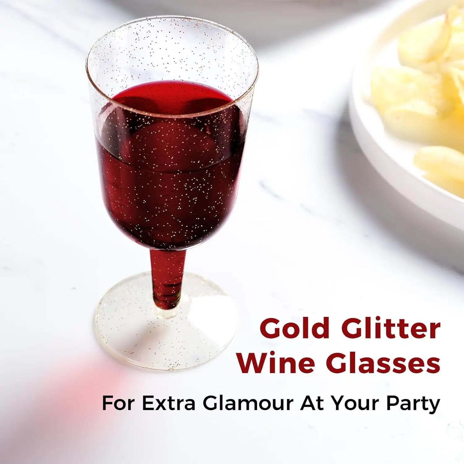 6oz Plastic Wine Glasses – Disposable Gold Glitter Mini Stemware with Removable Base for Weddings, Parties, Champagne, Toasting