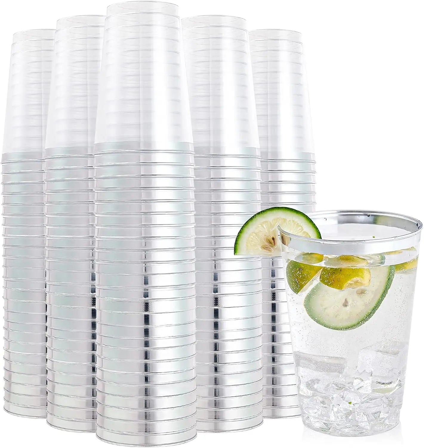 200 Pack 12 oz Silver Rimmed Plastic Cups, Clear Plastic Cup 12 Ounce Tumblers, Heavy-duty & Fancy Disposable Cups with