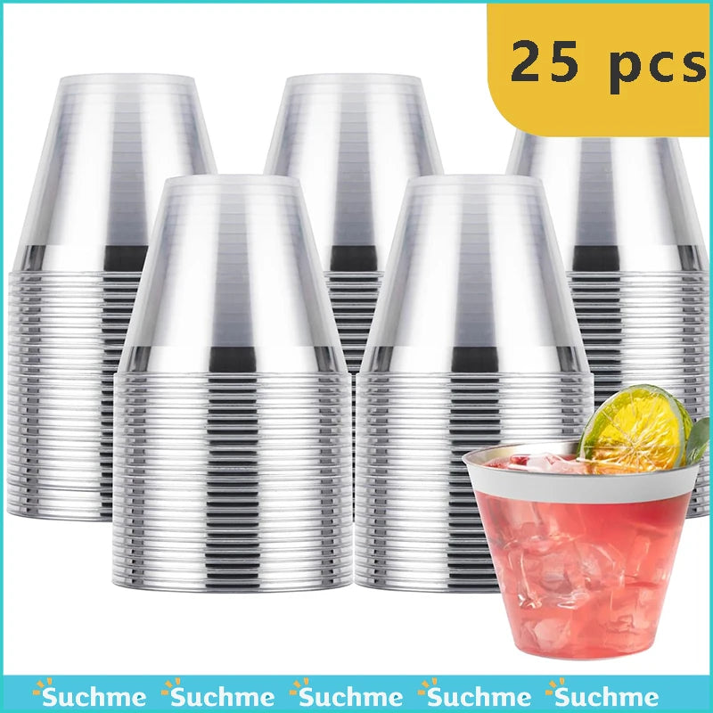 25pcs Disposable Plastic Cups Clear Champagne Flutes Silver Rim Mugs Fancy Wedding Cocktail Mug Bubble Tea Red Wine Glasses