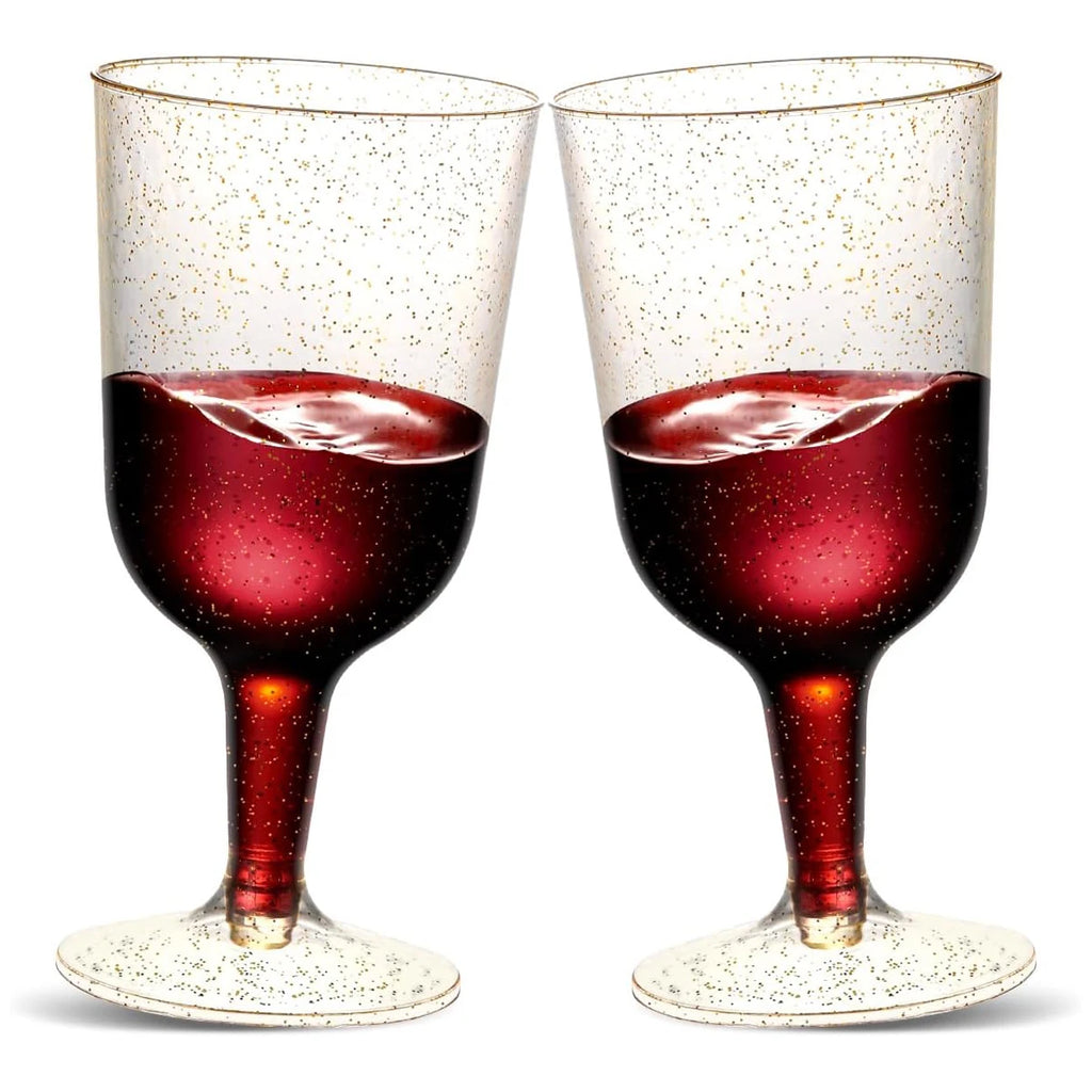 6oz Plastic Wine Glasses – Disposable Gold Glitter Mini Stemware with Removable Base for Weddings, Parties, Champagne, Toasting