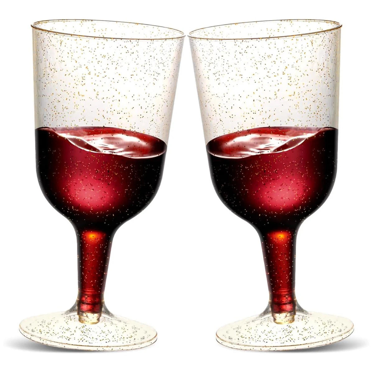 6oz Plastic Wine Glasses – Disposable Gold Glitter Mini Stemware with Removable Base for Weddings, Parties, Champagne, Toasting