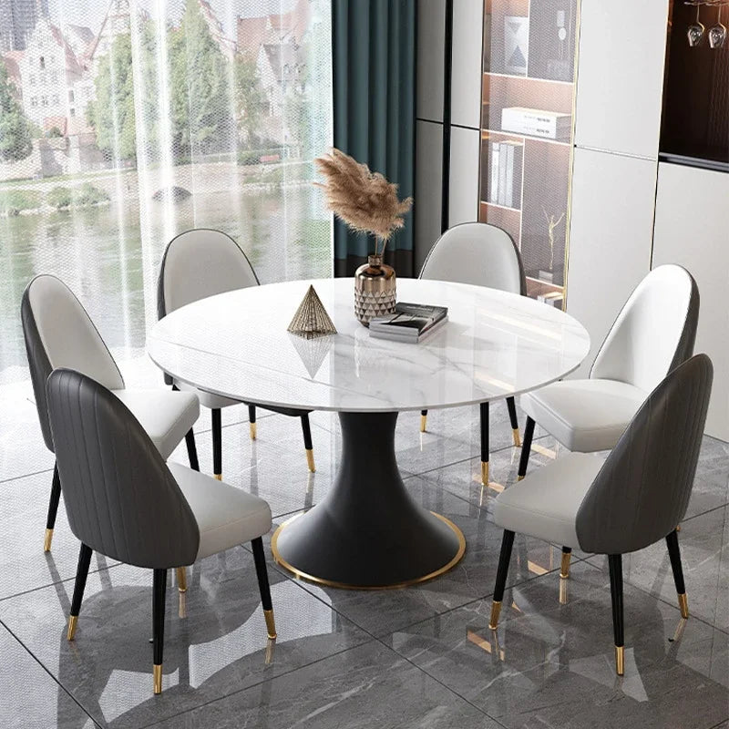 Italian Round Rotatable Telescopic Dining Table Small Apartment Foldable Table Household Modern Light Luxury Slate Dining Tables