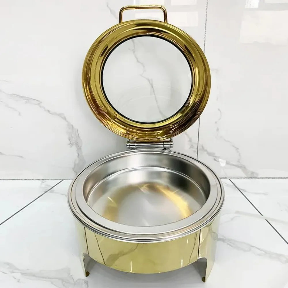 1 Pack 6.8-Quart Gold Round Chafing Dishes, Stainless Steel Chafers and Buffet Warmers Sets w/Water Pan, Food Pan, Fuel Holder a