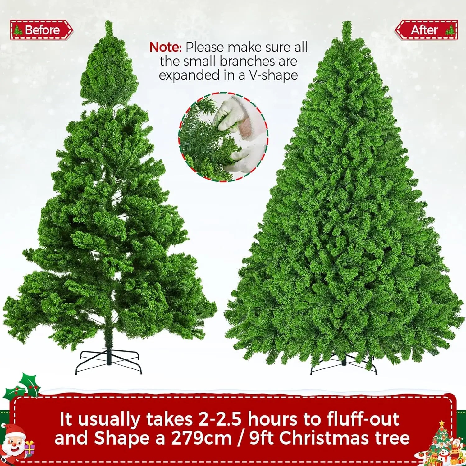 10ft Artificial Christmas Tree , Snow Flocked Full Prelighted Xmas Tree with 2084 Branch Tips, 900 Incandescent Lights