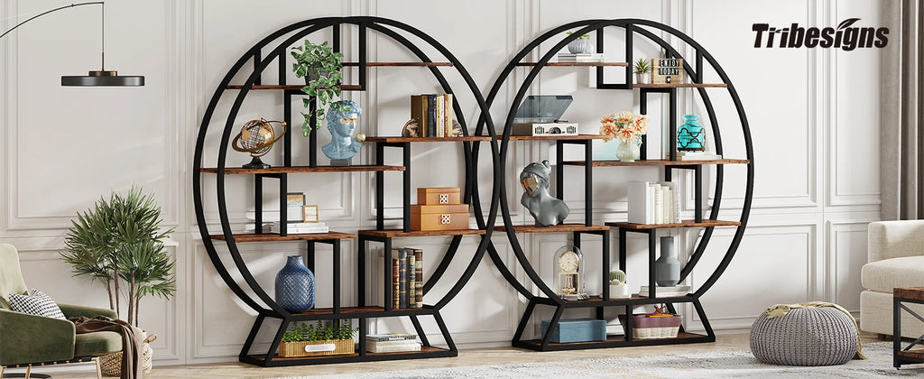 Tribesigns Bookshelf, Round Bookshelves Etagere Bookcase, 63-Inch Industrial Wood Book Shelf with Staggered Shelves