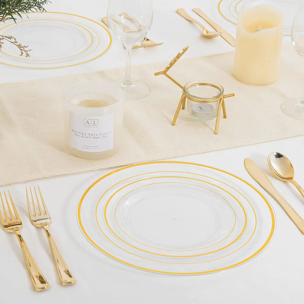 Clear Plastic Plates with Gold Rim-Gold Disposable Plates Dinner Plates Dessert Plates Premium Clear Plate Prefect for Wedding