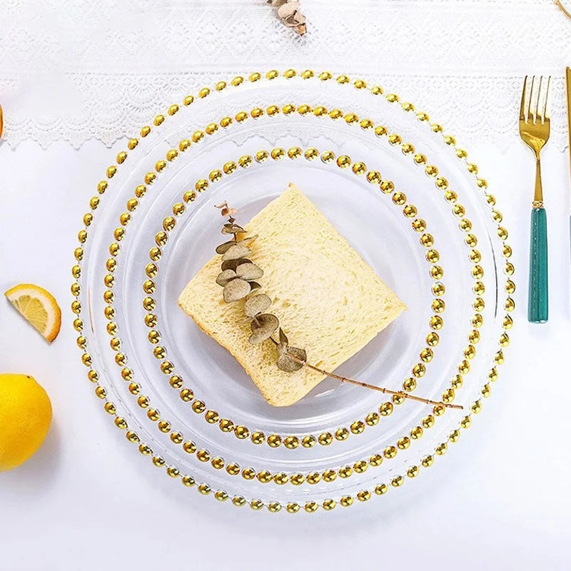 Golden Beads Round Glass Plate Art Dessert Fruit Plate Wedding Display Tray Household Transparent Cooking Dishes Tableware New