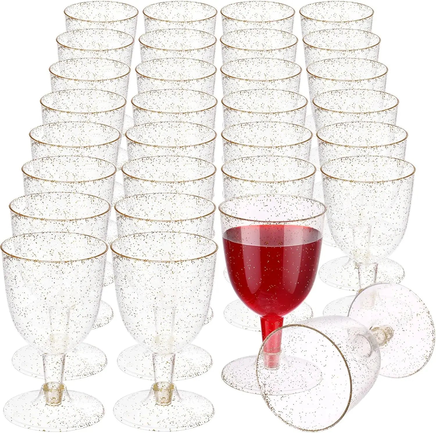 6oz Plastic Wine Glasses – Disposable Gold Glitter Mini Stemware with Removable Base for Weddings, Parties, Champagne, Toasting