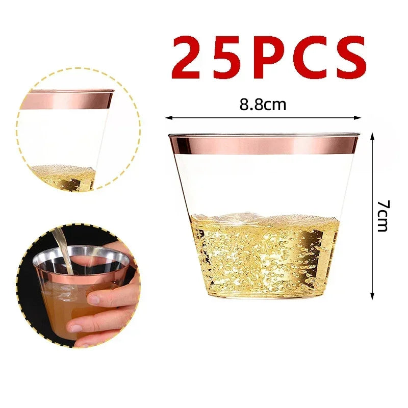 25pcs Disposable Plastic Cups Clear Champagne Flutes Silver Rim Mugs Fancy Wedding Cocktail Mug Bubble Tea Red Wine Glasses