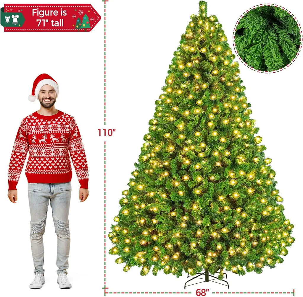 10ft Artificial Christmas Tree , Snow Flocked Full Prelighted Xmas Tree with 2084 Branch Tips, 900 Incandescent Lights