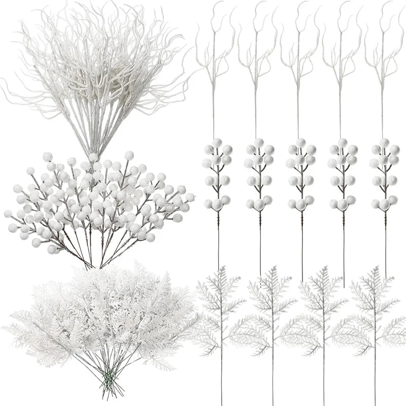 10Pc Glitter Branches Artificial Foam Berry Stalk Pine Needle Branch for Christmas Tree Ornament Home Decor DIY Wreath Supplies