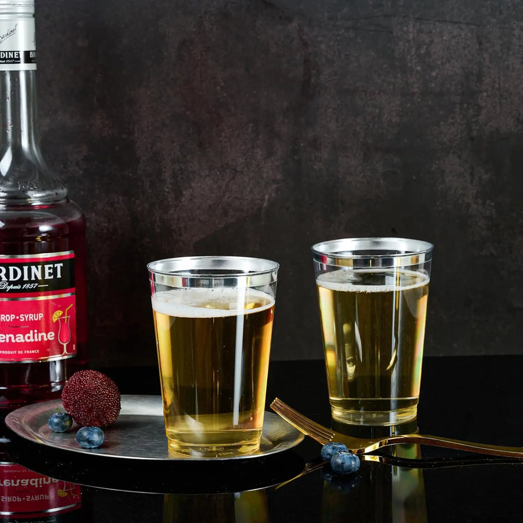 200 Pack 12 oz Silver Rimmed Plastic Cups, Clear Plastic Cup 12 Ounce Tumblers, Heavy-duty & Fancy Disposable Cups with