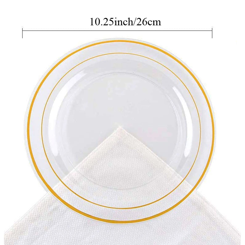 Clear Plastic Plates with Gold Rim-Gold Disposable Plates Dinner Plates Dessert Plates Premium Clear Plate Prefect for Wedding
