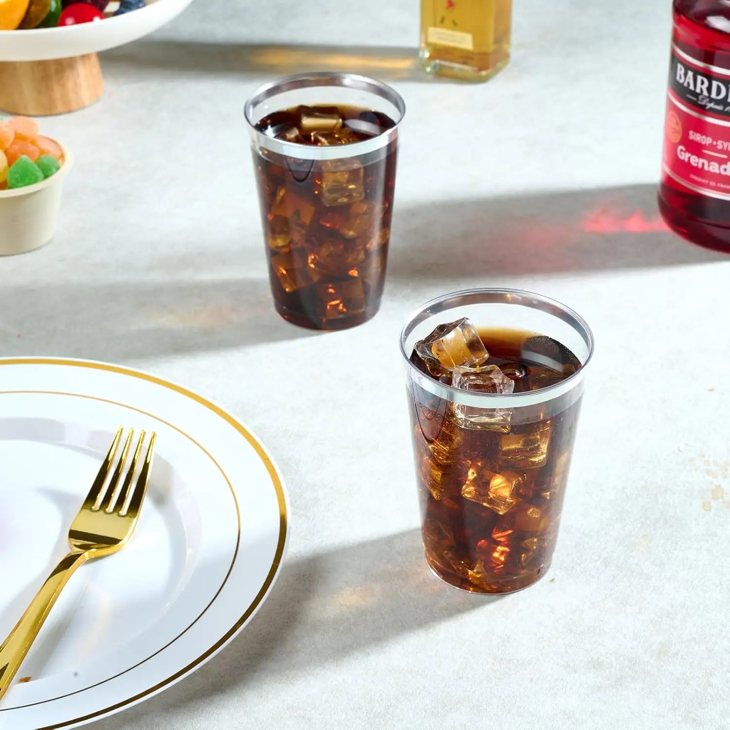 200 Pack 12 oz Silver Rimmed Plastic Cups, Clear Plastic Cup 12 Ounce Tumblers, Heavy-duty & Fancy Disposable Cups with