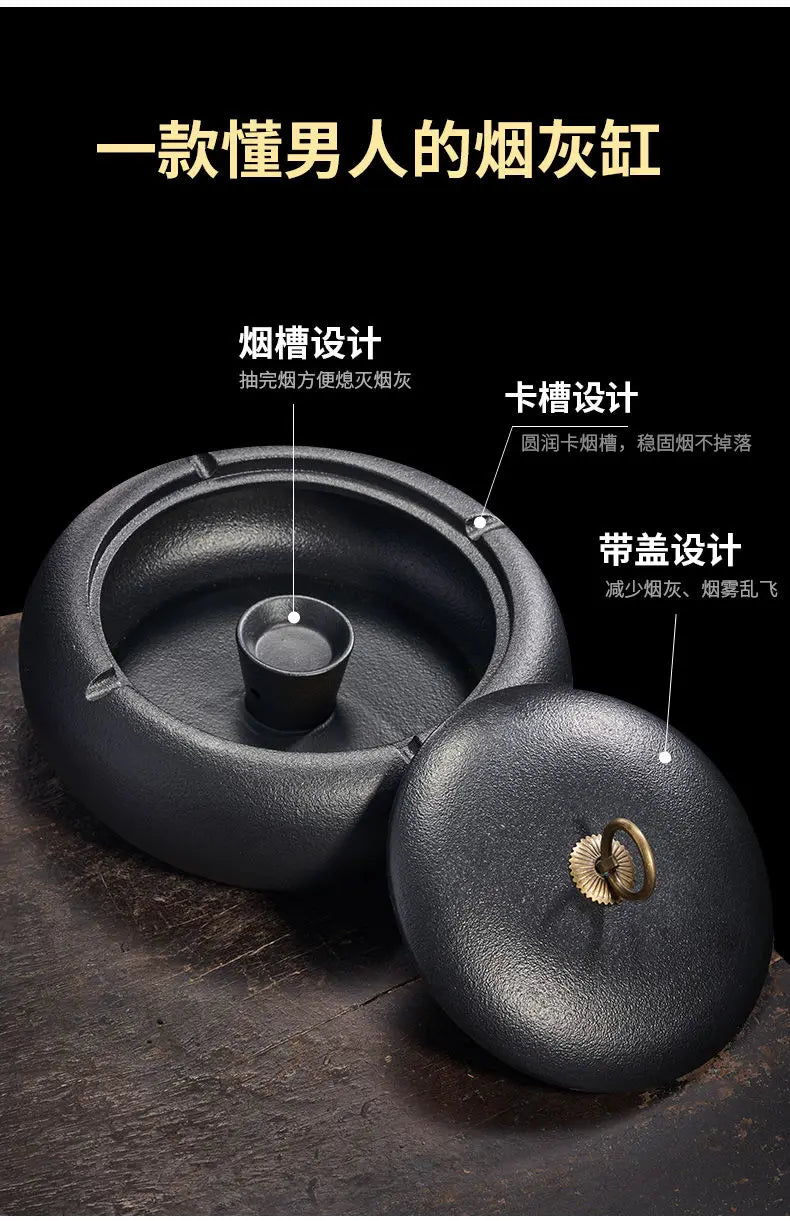 Creative Black Matte Ceramic Ashtray with Lid Indoor Wind & Ash Resistant Car Ashtray Portable Ceramic Ashtray Home Decoration