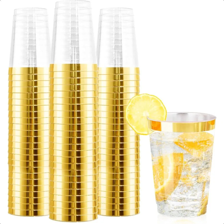 120PCS Gold Rim Plastic Cups 12oz Heavy Duty Plastic Cups Fancy Clear  Cup with Gold Rimmed for Wedding Birthday Party