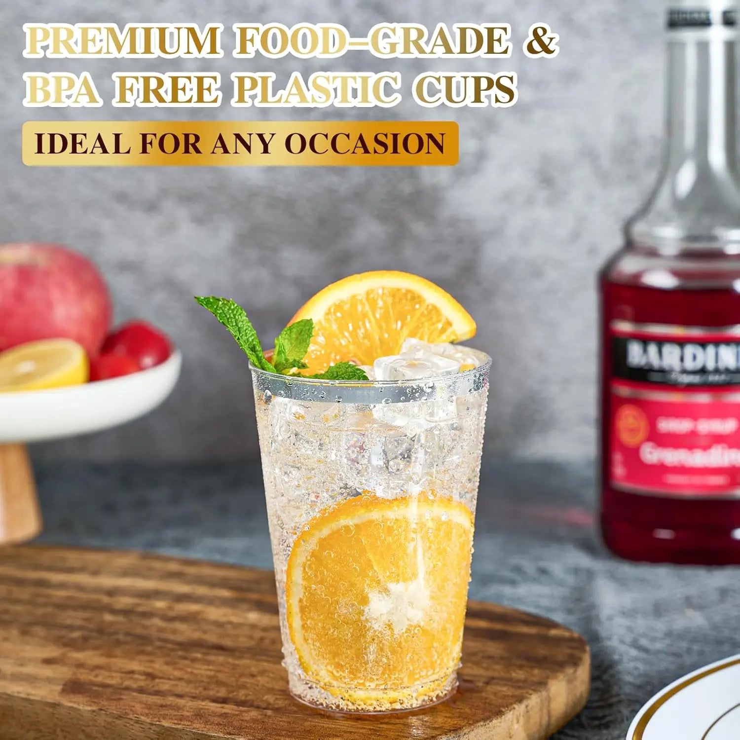 200 Pack 12 oz Silver Rimmed Plastic Cups, Clear Plastic Cup 12 Ounce Tumblers, Heavy-duty & Fancy Disposable Cups with