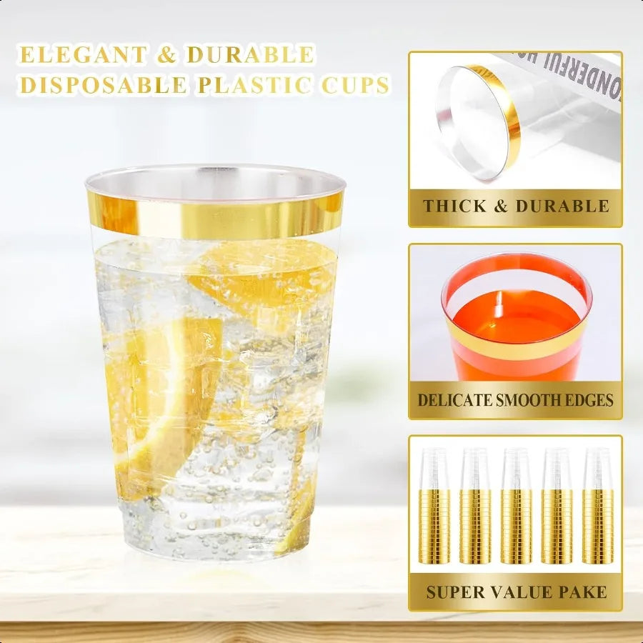 120PCS Gold Rim Plastic Cups 12oz Heavy Duty Plastic Cups Fancy Clear  Cup with Gold Rimmed for Wedding Birthday Party