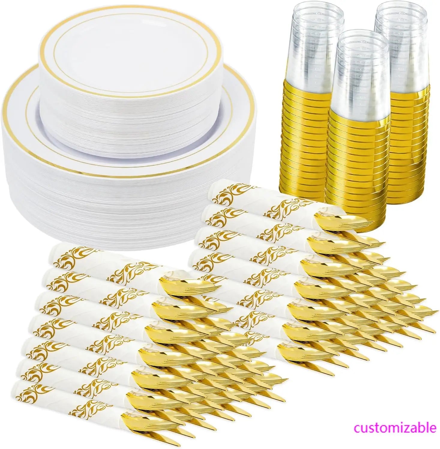 350 Pieces Gold Disposable Plates for 50 Guests, Disposable Plastic Plates for Party,Wedding, Dinnerware Set of 50 Dinner Plates