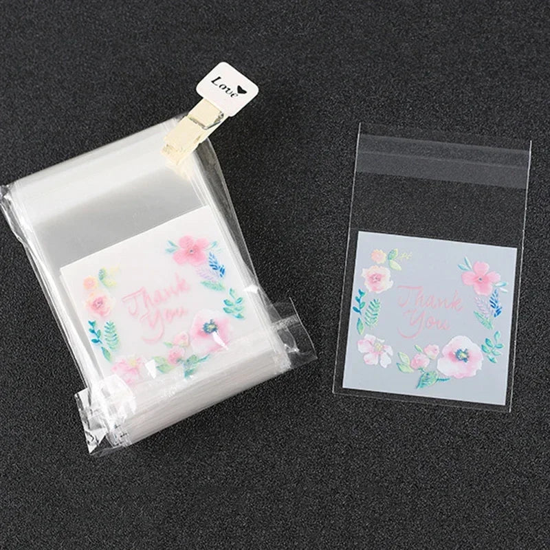 100pcs/lot Plastic Bags Thank you Flower Self-Adhesive Bags for Homemade Cookie Party Gifts Bag DIY Jewelry Packaging Bag